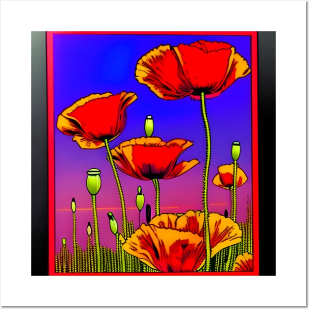 Retro Graphic Novel Style Field of Red Poppies (MD23Mrl014) Wall Art by Maikell Designs